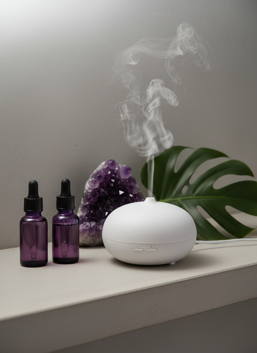 A spa-like scene showcasing a stone ultrasonic diffuser in matte white ceramic emitting a thin, elegant plume of mist, placed beside two amethyst-colored essential oil bottles on a smooth, pale concrete shelf. Behind them, a large raw amethyst cluster and a single dark green monstera leaf lean against a soft grey wall with subtle texture. Natural overcast daylight from above and slightly behind creates a diffuse, calming glow, with gentle highlights on the mist and soft shadows anchoring each object. Shot from a slightly elevated angle with balanced negative space, the composition feels tranquil, modern, and elevated, expressing a sophisticated wellness environment in crisp photographic realism.